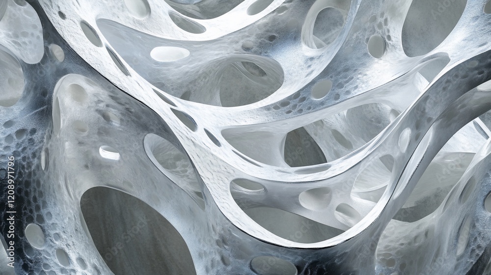 Poster abstract 3d rendering of a complex, porous, white and gray organic structure.