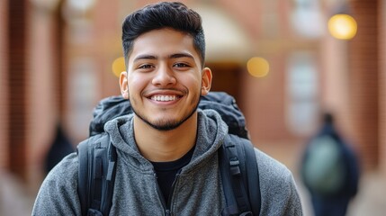 Smiling young man with backpack outdoors. Ideal for education, travel, or positive lifestyle themes.