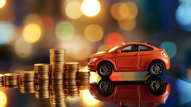 money coin stack growing graph with car bokeh background, investment concept.Business Finance and Save Money concept  
