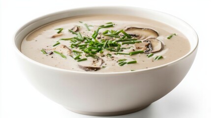 A bowl of creamy mushroom soup garnished with a drizzle of truffle oil and chopped chives, Its rich aroma and velvety texture enticingly displayed