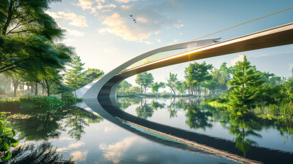 modern bridge arches over serene river, surrounded by lush greenery and trees, reflecting vibrant sky. scene evokes tranquility and harmony with nature