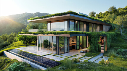 Obraz premium Modern eco friendly house with green roof and solar panels, surrounded by nature. This stunning architecture blends seamlessly with landscape, showcasing sustainable living