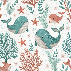 Obraz premium Adorable Whales Coral Reef and Sea Plants Cute Underwater Seamless Pattern