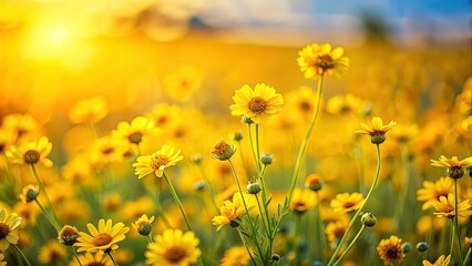 Fototapeta premium Miniature Yellow Flower Field, Tilt-Shift Photography, Blooming Meadow, Spring Flowers, Sunlit Landscape