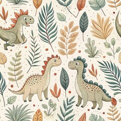 Adorable Cartoon Dinosaurs Seamless Pattern Jungle Leaves and Prehistoric Creatures Illustration