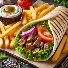 Fresh grilled beef shawarma wrap with french fries and garlic sauce