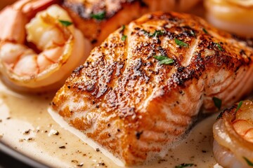 Seared Salmon with Shrimp and Creamy Sauce. An Elegant Seafood Dinner