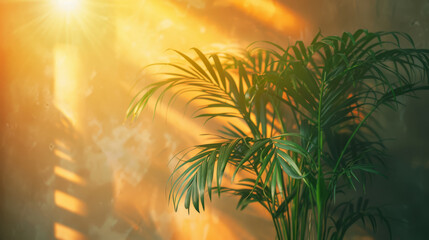 vibrant green plant stands against warm, sunlit wall, casting soft shadows. sunlight creates serene atmosphere, enhancing beauty of foliage