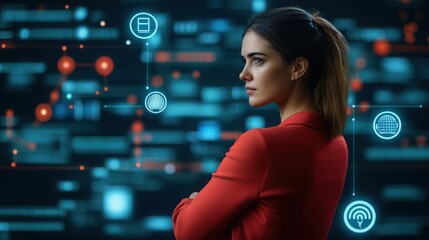 Thoughtful young professional woman contemplating technology concepts in a modern digital workspace with abstract data visualizations in the background