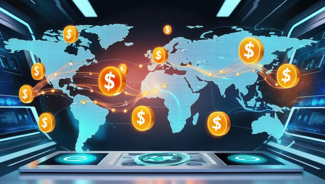 dynamic scene of cross border money transfers showing glowing currency icons and data streams crossing global map