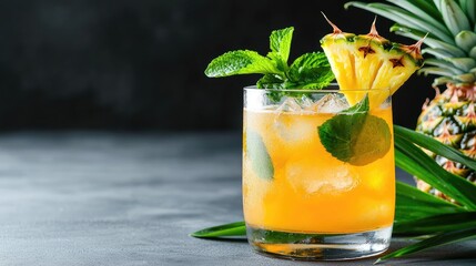 Refreshing pineapple cocktail with mint, ice, dark background. Tropical summer drink for menu, website