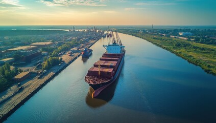 Aerial View of Large Cargo Ship Navigating Calm River Waterway Surrounded by Industrial Facilities and Lush Greenery in Bright Sunny Weather