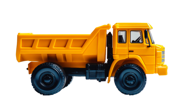 Yellow dump truck toy parked for children's playtime and imagination isolated on transparent background