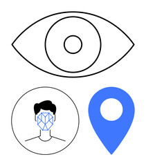 Eye icon, facial grid on a head, and blue location marker. Ideal for surveillance, biometrics, privacy, geolocation, artificial intelligence, identity verification abstract line flat metaphor