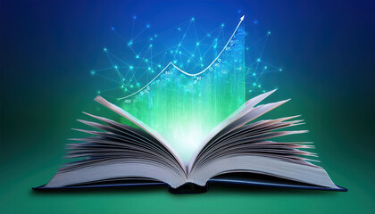 glowing book symbolizes financial literacy with rising graph, showcasing growth and knowledge