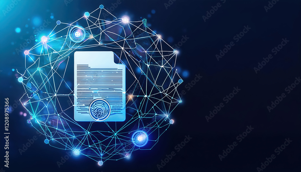 Poster digital document surrounded by network of interconnected nodes, symbolizing smart contracts and bloc
