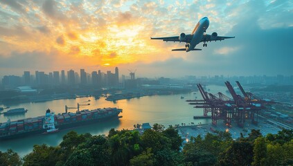 Airplane in Flight Over City Skyline at Sunrise, Capturing Beautiful Clouds and Industrial Port with Cargo Ships and Cranes, Creating a Stunning Urban Landscape