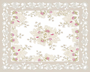 Vintage Ornamental Floral Carpet Design with Lace Details and Pastel Accents