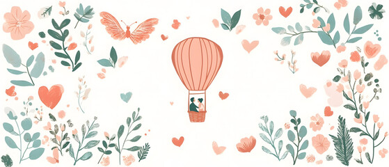Playful and romantic wedding couple illustrations concept and wedding accessories in hand-drawn.