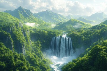 Fototapeta premium Stunning Aerial View of Skogafoss Waterfall in Icelandic Nature Landscape