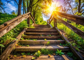 Abandoned Park Staircase Spring Photography - Dilapidated Steps, Sunny Day, Lush Greenery