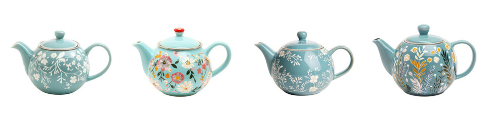 A collection of beautifully crafted elegant ceramic teapots featuring intricate floral patterns in a vintage traditional style