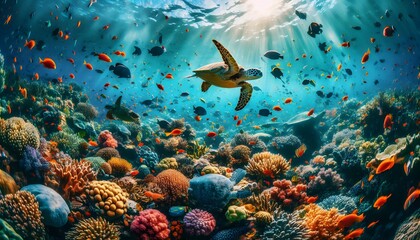 A vibrant coral reef teeming with colorful fish, sea turtles, and diverse marine life, illuminated by sunlight filtering through clear ocean waters.