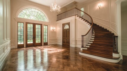 Grand foyer with curved staircase, arched window, hardwood floors; luxury home interior design