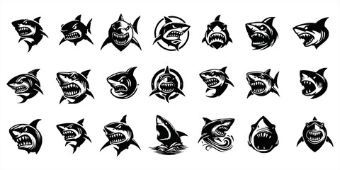 Fototapeta premium modern and simple shark silhouette logo, negative spaced shark in black color logo icon vector temple, esport wild shark logo icon set