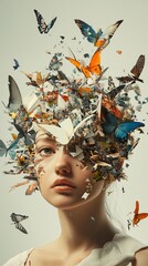 Surreal Woman with Butterfly Collage: Dreamlike Fantasy Art