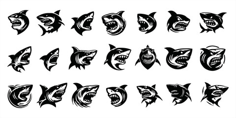 modern and simple shark silhouette logo, negative spaced shark in black color logo icon vector temple, esport wild shark logo icon set