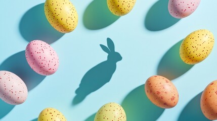 multicolored Easter eggs with a humorous rabbit shadow on pastel blue cardboard that creates a trendy design. A springtime idea for greeting cards or design templates