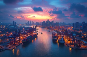 Fototapeta premium Captivating Aerial View of Busy Port at Dusk with Majestic Skyline and Vibrant Colors, Showcasing Cargo Ships and Cranes Illuminated by Sunset Glow