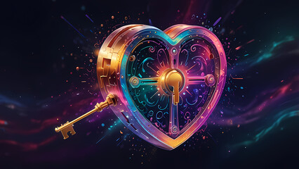 Obraz premium A holographic illustration of a heart-shaped lock and key, both glowing with iridescent rainbow hues