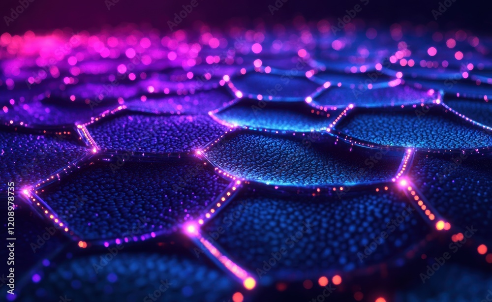 Poster futuristic hexagonal structure cyber network in 3d space with neon lighting and fluid motion