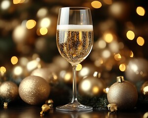 Champagne glass with golden ornaments and bokeh lights.