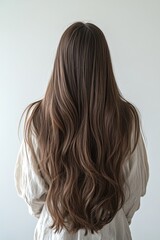 Naklejka premium Back view of a girl with beautiful long wavy brown hair.
