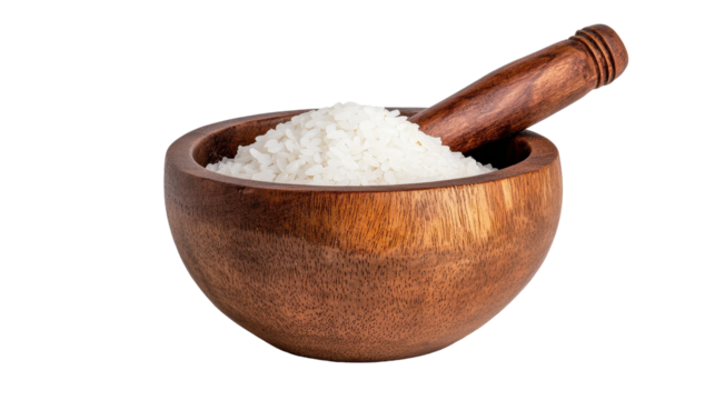 A wooden bowl filled with white rice and a wooden pestle for culinary preparation. transparent background
