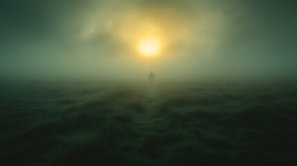 Obraz premium Solitary Figure Walking Through Foggy Field