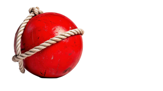 A vibrant red buoy wrapped in rope, perfect for nautical themes and coastal decor. transparent background - Powered by Adobe
