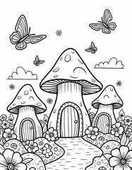 Magical Fairy Town: Small mushroom houses with doors and windows, little fairies with sparkling wings, and big butterflies in a garden full of flowers. coloring page, coloring book for children
