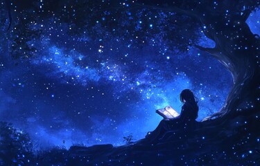 Girl reading a book under a starry night sky, sitting beneath a large tree.