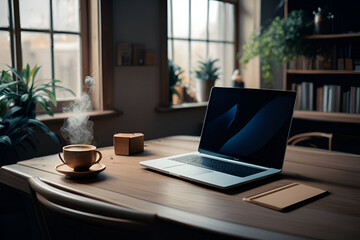 A minimalist home office setup with a laptop, a cup of coffee, and natural light streaming through large windows, with a cozy background including houseplants and bookshelves.