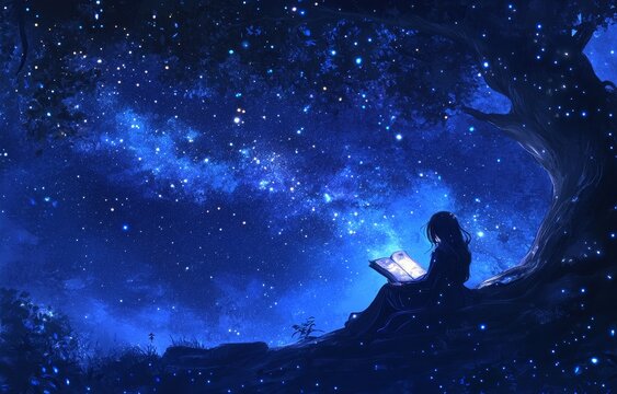 Girl reading a book under a starry night sky, sitting beneath a large tree.
