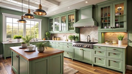 Panoramic Modern Luxury Sage Green Kitchen Design - Stunning Island & Induction Cooktop