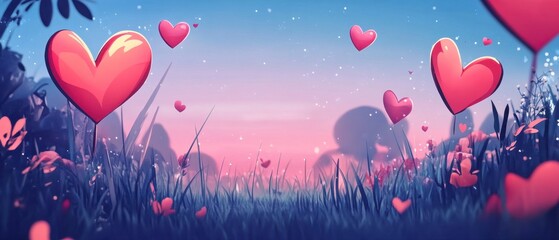 Silhouetted Couple Kissing in Heart-Filled Field at Sunset - Romantic Love Cartoon