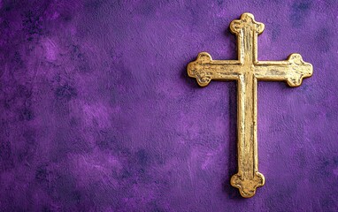 A golden cross against a purple textured background