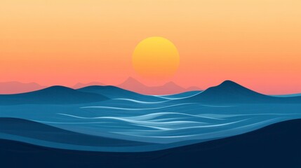 Serene Sunset Over Rolling Ocean Waves and Distant Mountains