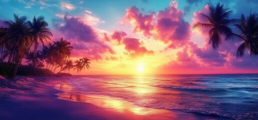 Tropical Sunset Beach with Palm Tree Silhouettes in Warm Golden and Purple Hues