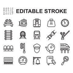 A set of icons related to Railways. Thin line vector. Contains icons such as tickets, train tracks, tunnels and more. © riky